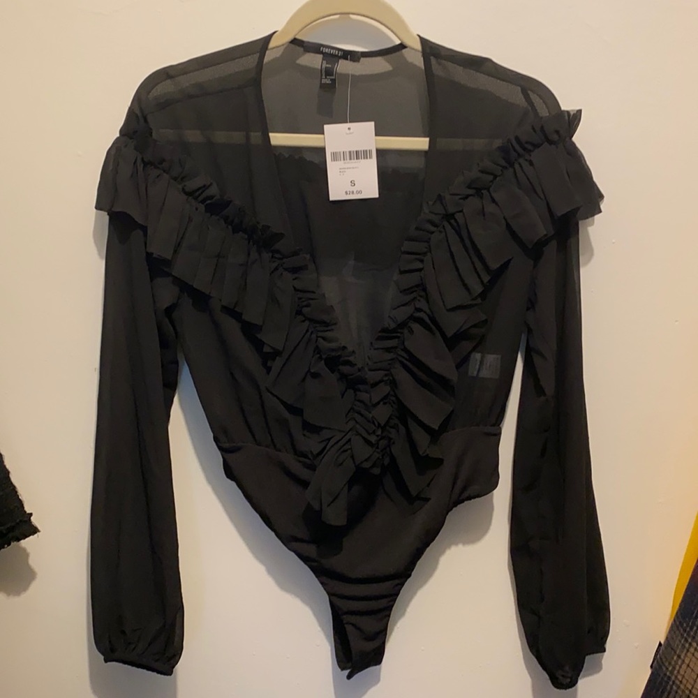 Black ruffled mesh bodysuit